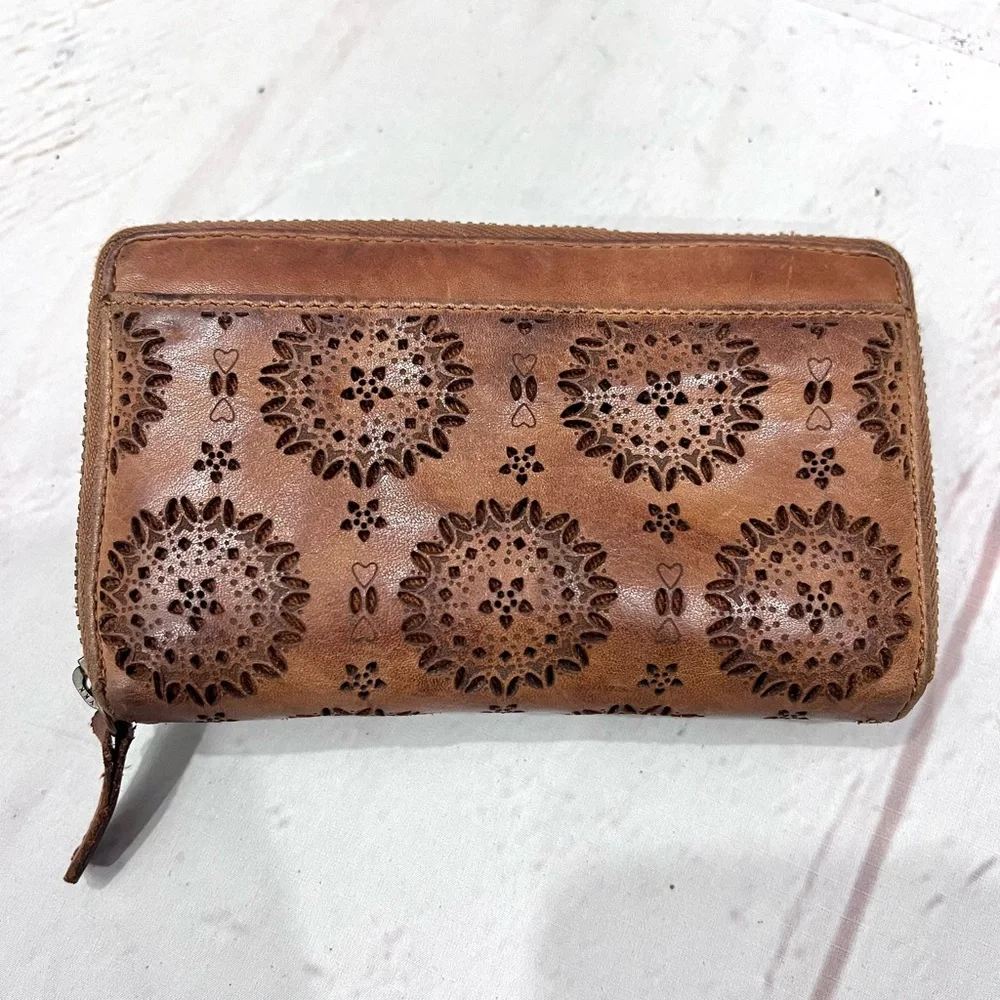Vintage Boho Genuine Leather Laser Cut Medallion Mandala Zip Around Wallet